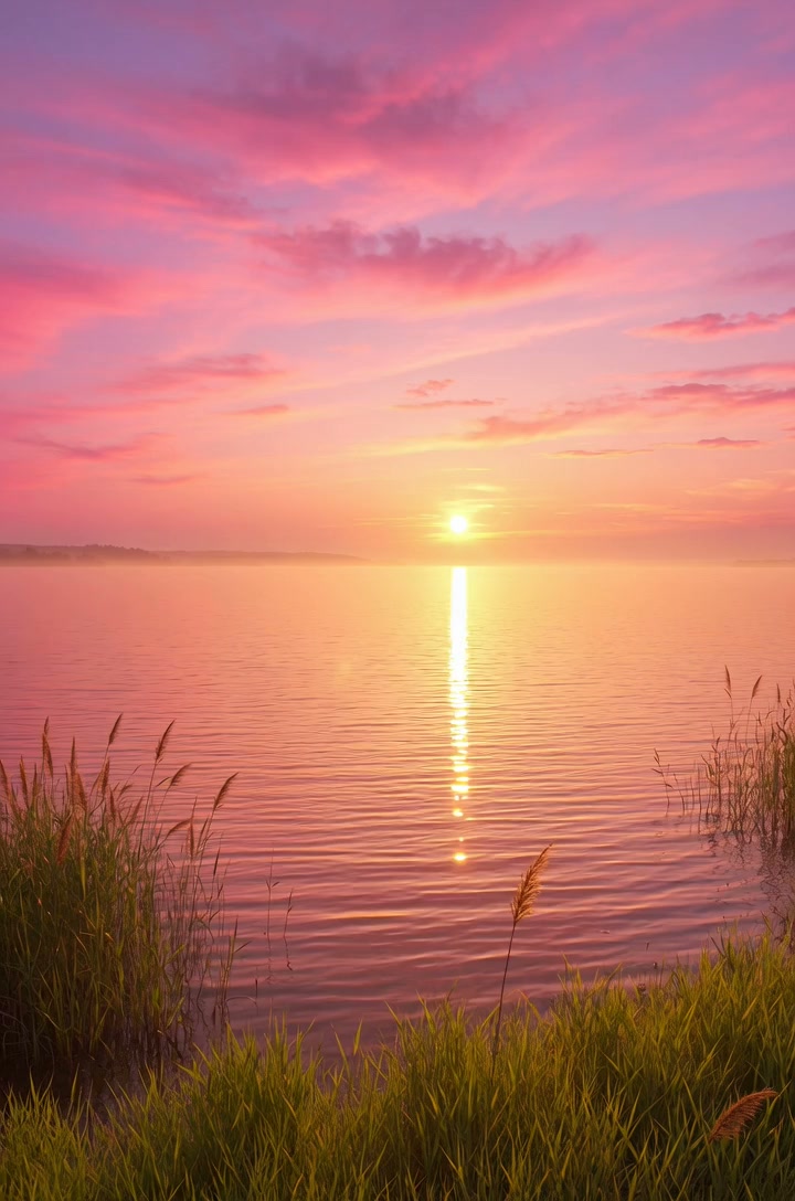 The pink-purple sunset reflects on the golden waves, let's go to a healing appointment together